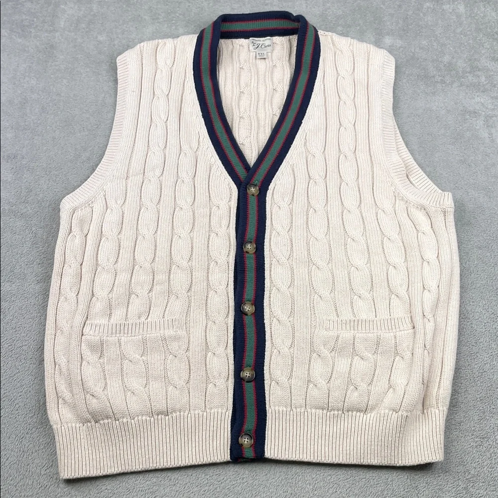 J.‎ Crew XXL 100% Organic Cotton Ivory Cable Knit Vest with Navy and Red Trim